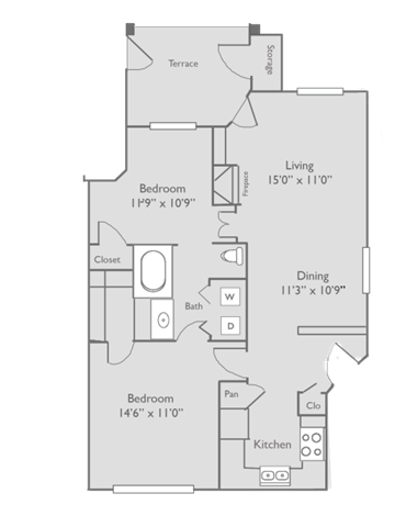Floor plan for 1 bed, 1 bath, 868 sqft